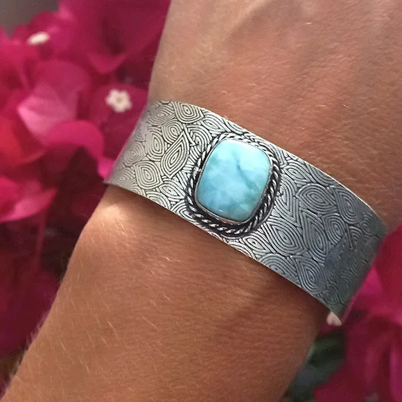 Genuine Caribbean Larimar Sterling Silver Cuff - Picture 2 of 5